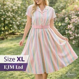 Vintage EJM Pastel Stripe Dress Size 18 Belted Midi USA Made